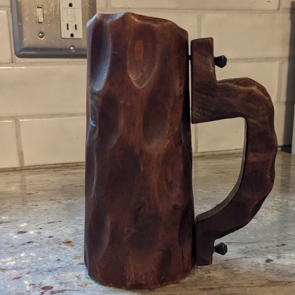 Vintage Hand Carved Wooden Stein Dark Mug Pegged Handle Man Cave Fred Flintstone - Picture 6 of 9